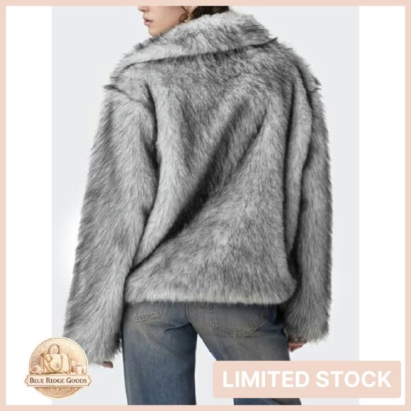 Faux Fur Jacket Lapel Fluffy Open Front Shaggy Winter Coat Elegant Chic - Picture 6 of 8